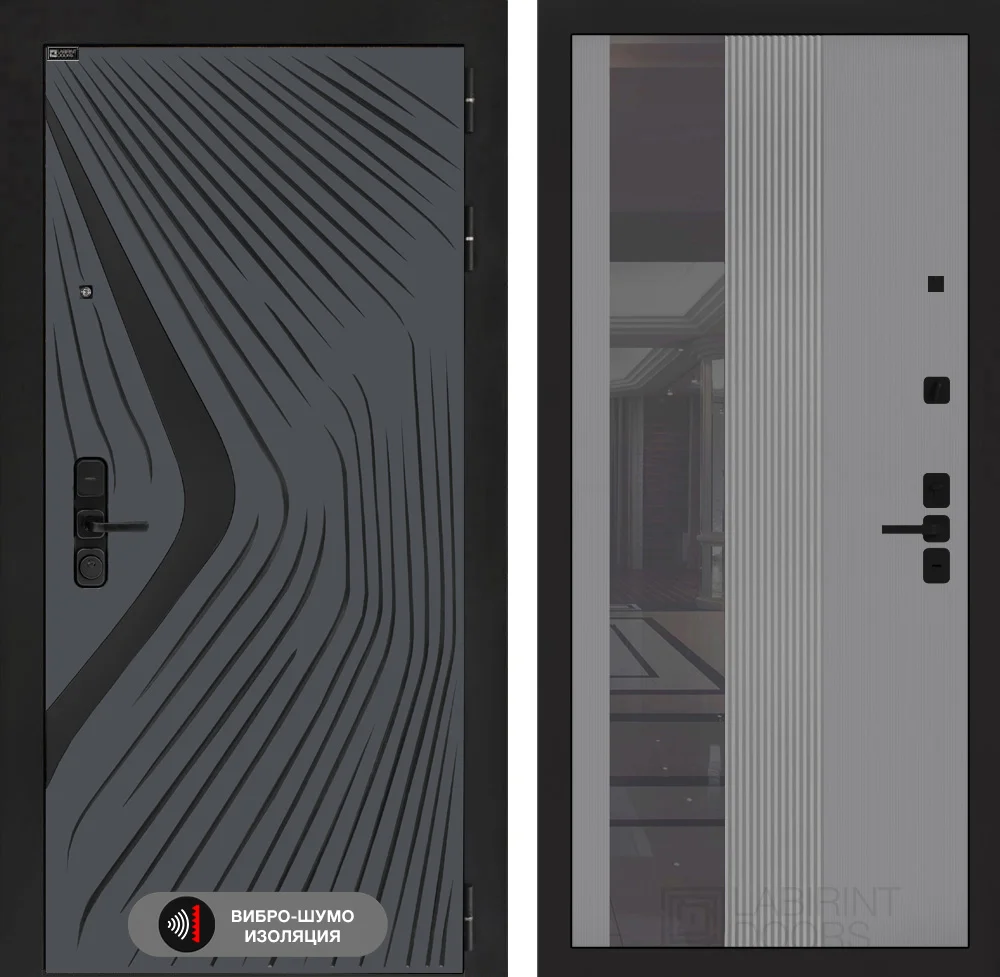 Входная дверь Леолаб с Зеркалом 32 тонированным - Серый рельеф софт